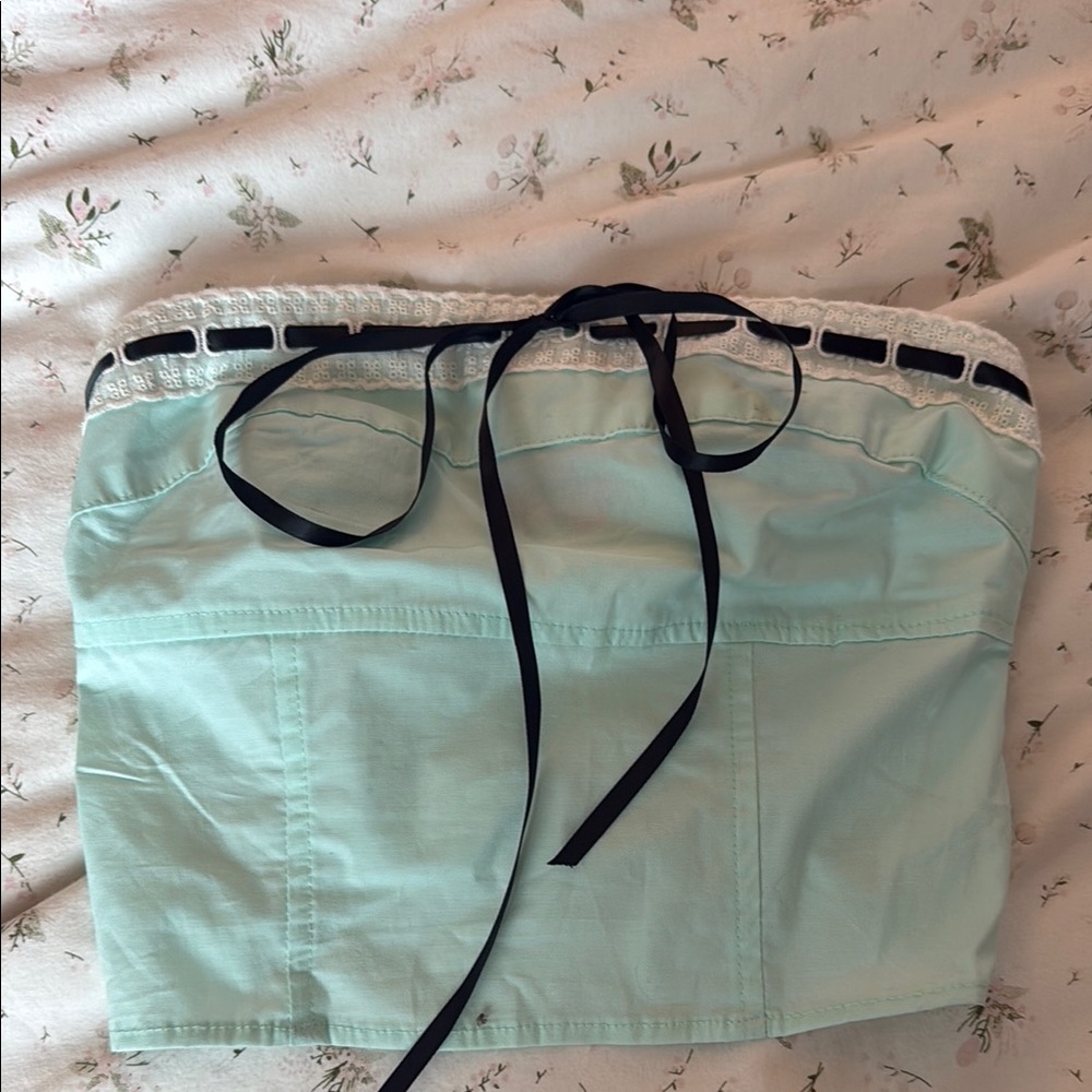 Edikted Mint Green Strapless Top with Black Ribbon